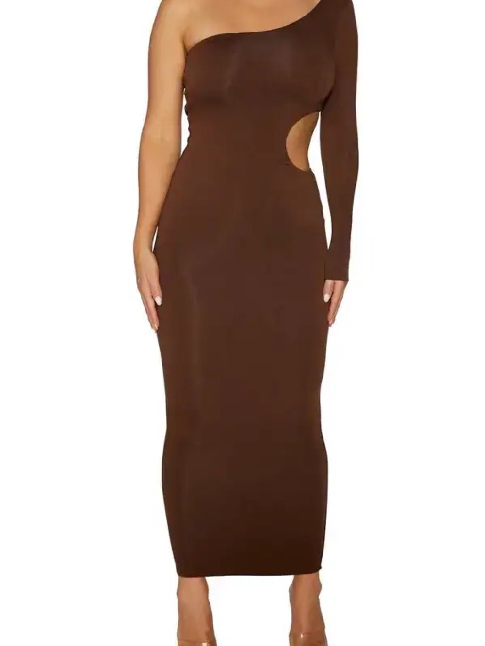 naked wardrobe One-Shoulder Brown Cutout Midi Dress